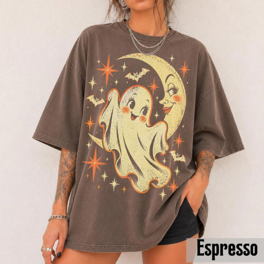 Retro Ghost Halloween T-Shirt, Y2K Moon Graphic Tee, Vintage Cute Ghost Shirt